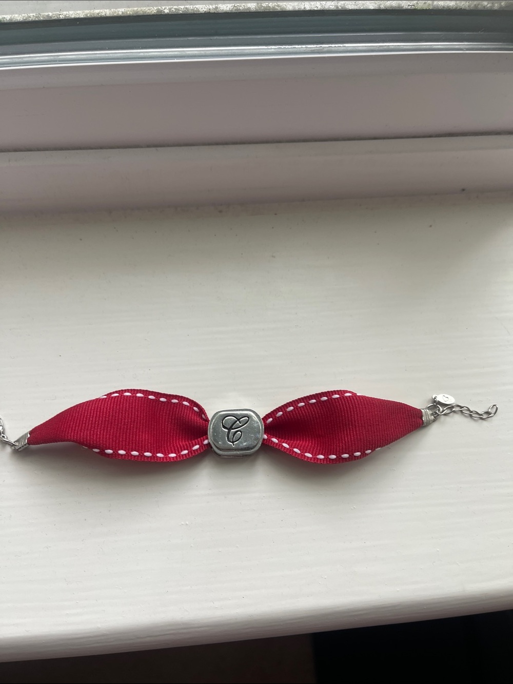 Red Ribbon Bow Bracelet with Script 'C' Charm